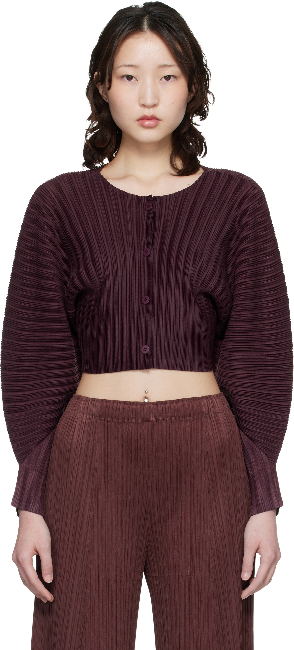 PLEATS PLEASE ISSEY MIYAKE Burgundy Rib Pleats January Cardigan