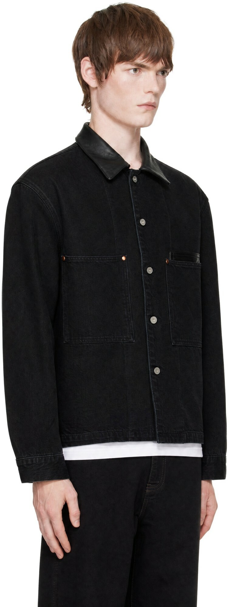 LEMAIRE Black Workwear Leather Collar Denim Jacket