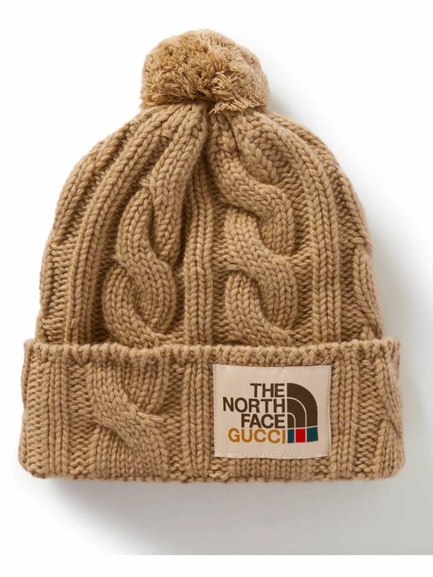 Photo: GUCCI - The North Face Logo-Appliquéd Cable-Knit Wool Beanie - Brown