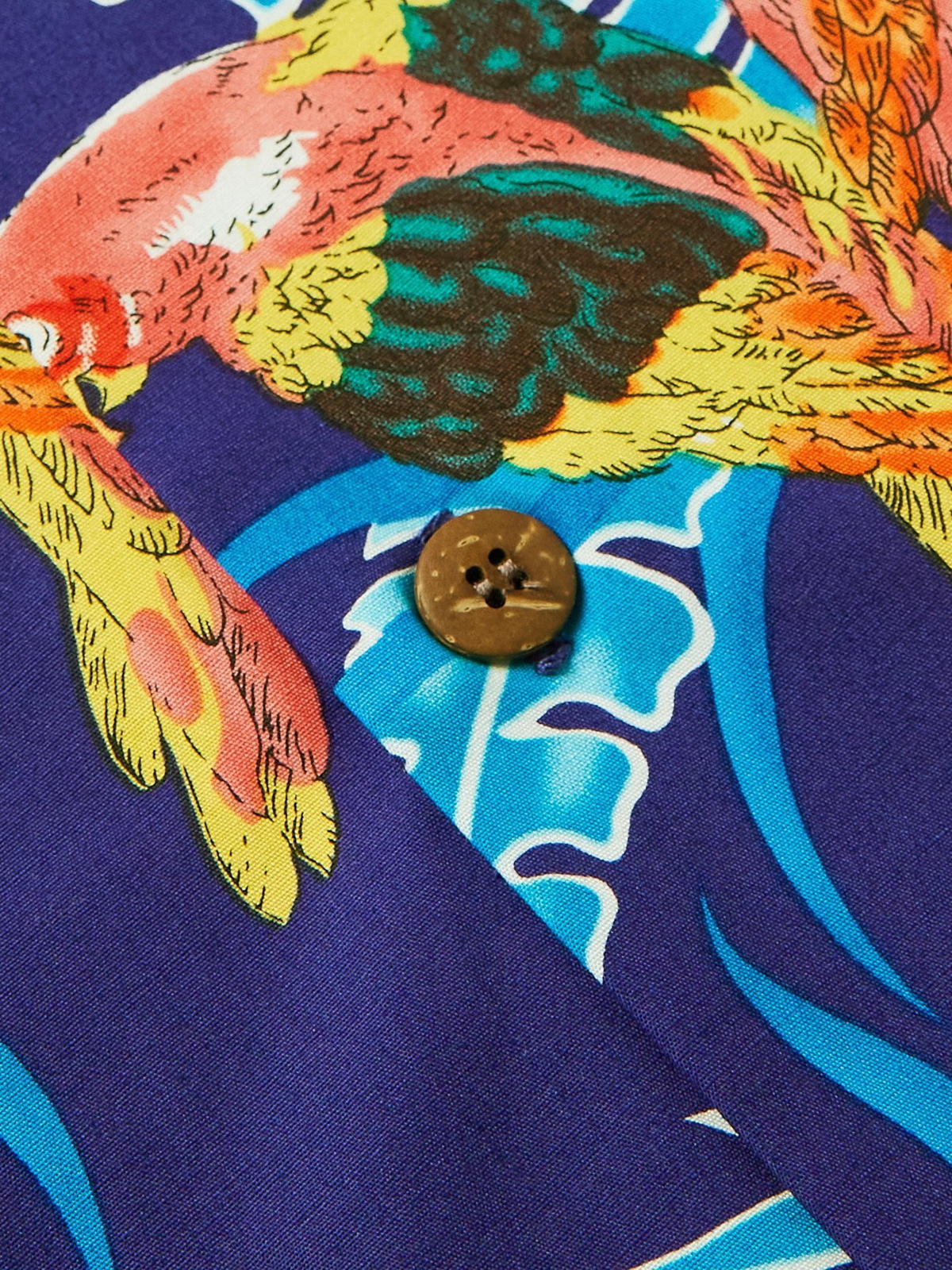 GO BAREFOOT - Tropical Birds Camp-Collar Printed Cotton Shirt - Blue - S