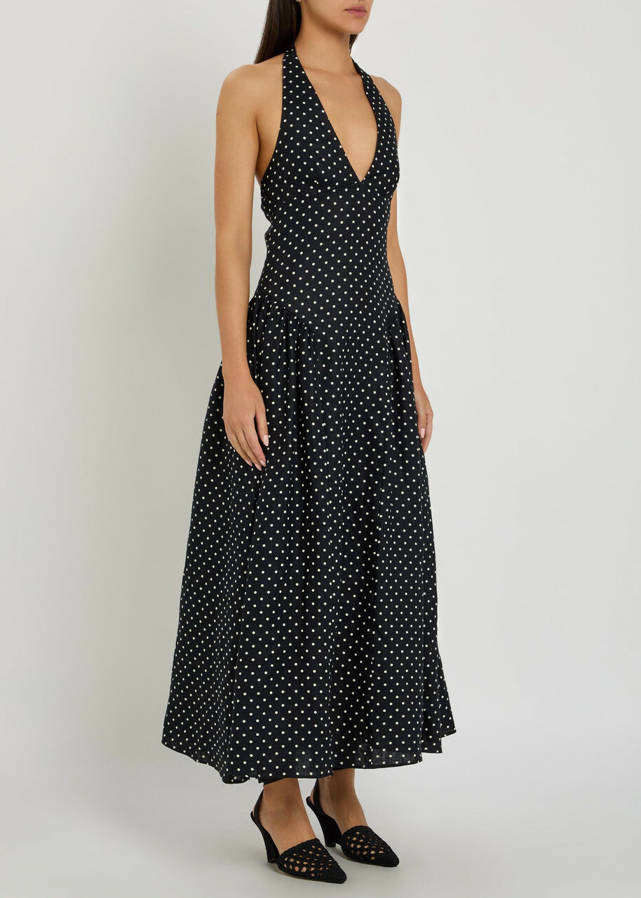 Faithfull The Brand La Cala Polka dot Linen Midi Dress Black And White