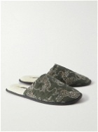 Desmond & Dempsey - Wool Fleee Lines Quilted Printed Cotton Slippers - Green