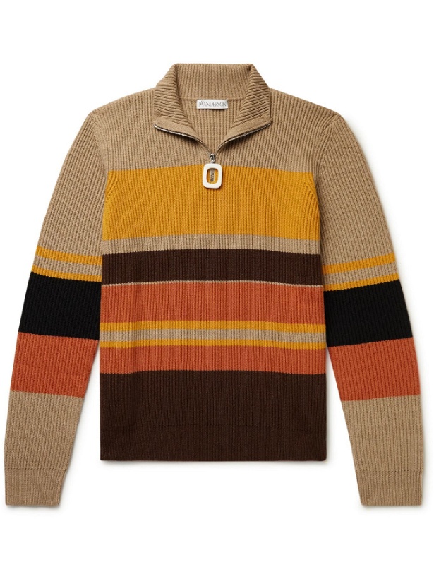 Photo: JW Anderson - Striped Ribbed Wool Half-Zip Sweater - Neutrals