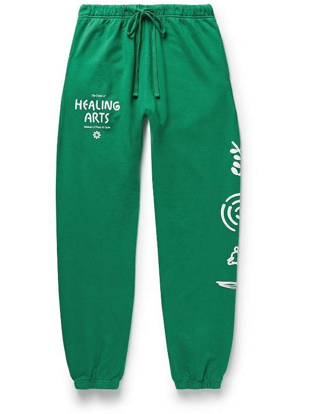 Photo: Museum Of Peace & Quiet - Healing Arts Tapered Logo-Print Cotton-Jersey Sweatpants - Green