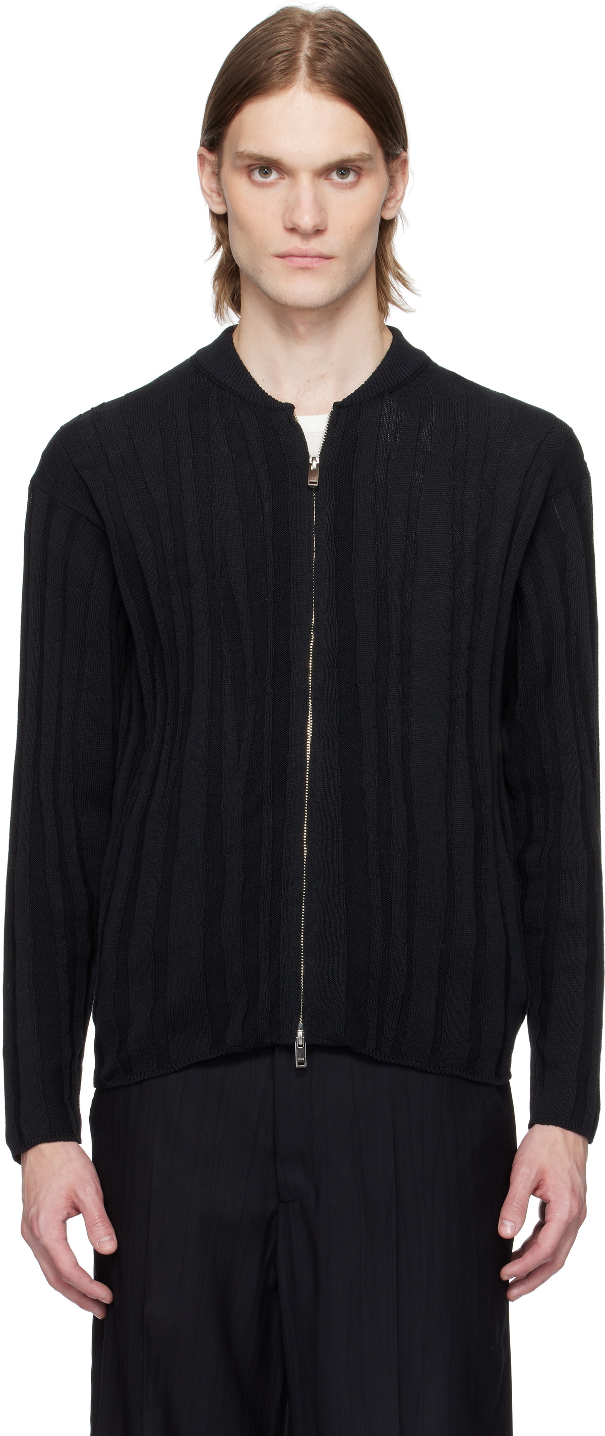 YOKE Black Roundum Rib Zip Knit Jacket