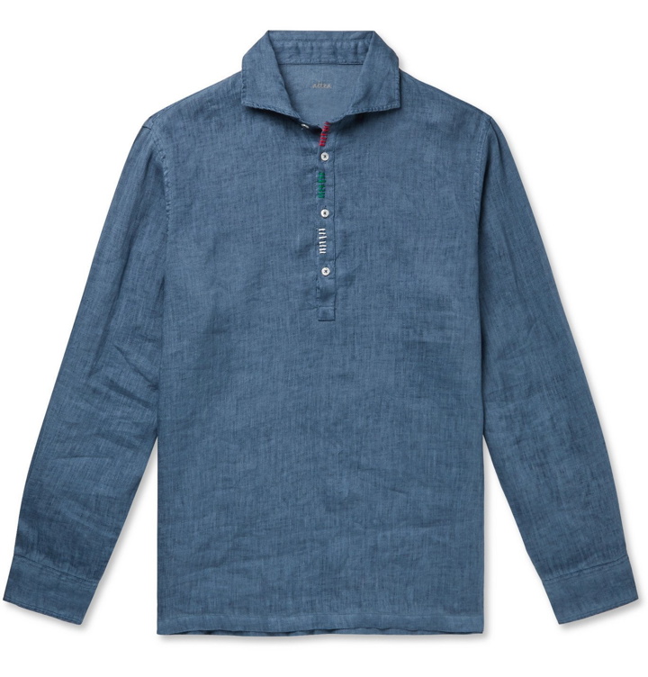 Photo: Altea - Embroidered Linen Half-Placket Shirt - Blue