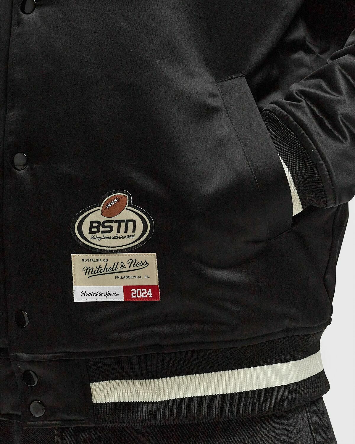Mitchell & Ness X Bstn X Nfl Munich Game Satin Jacket Black Bomber Jackets/College Jackets