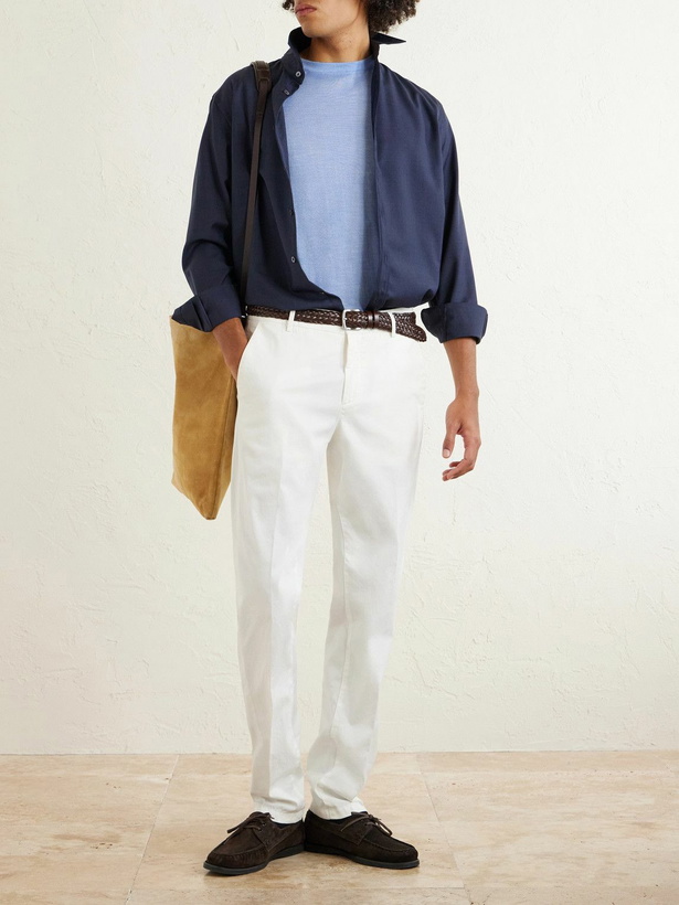 Photo: Eleventy - Straight-Leg Stretch-Cotton and Silk-Blend Trousers - White