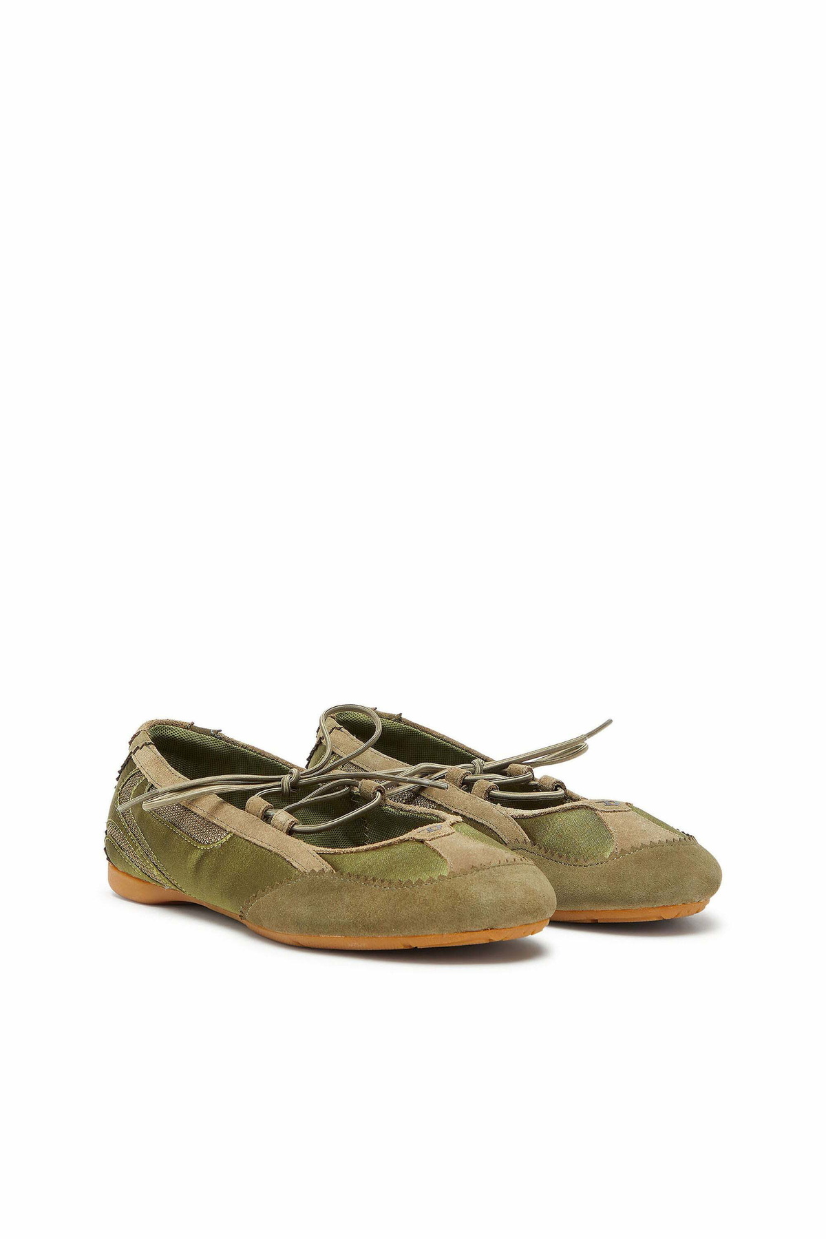 Diesel D-Mile - Lace-up ballerina flats in leather and mesh - Flats Womens in Green