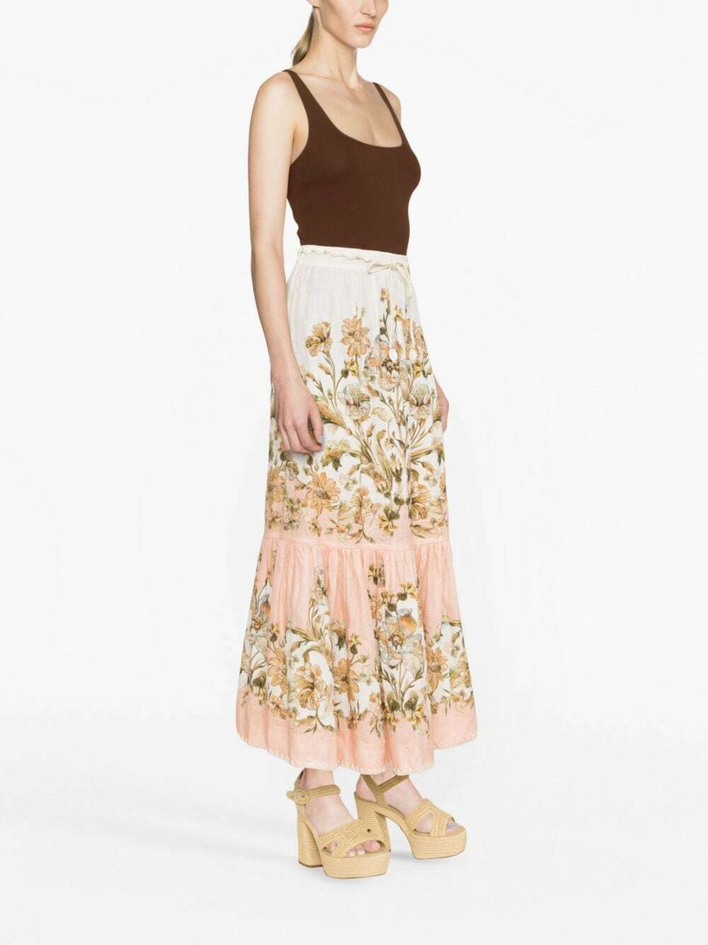 ZIMMERMANN - Floral Print Linen Midi Skirt Zimmermann