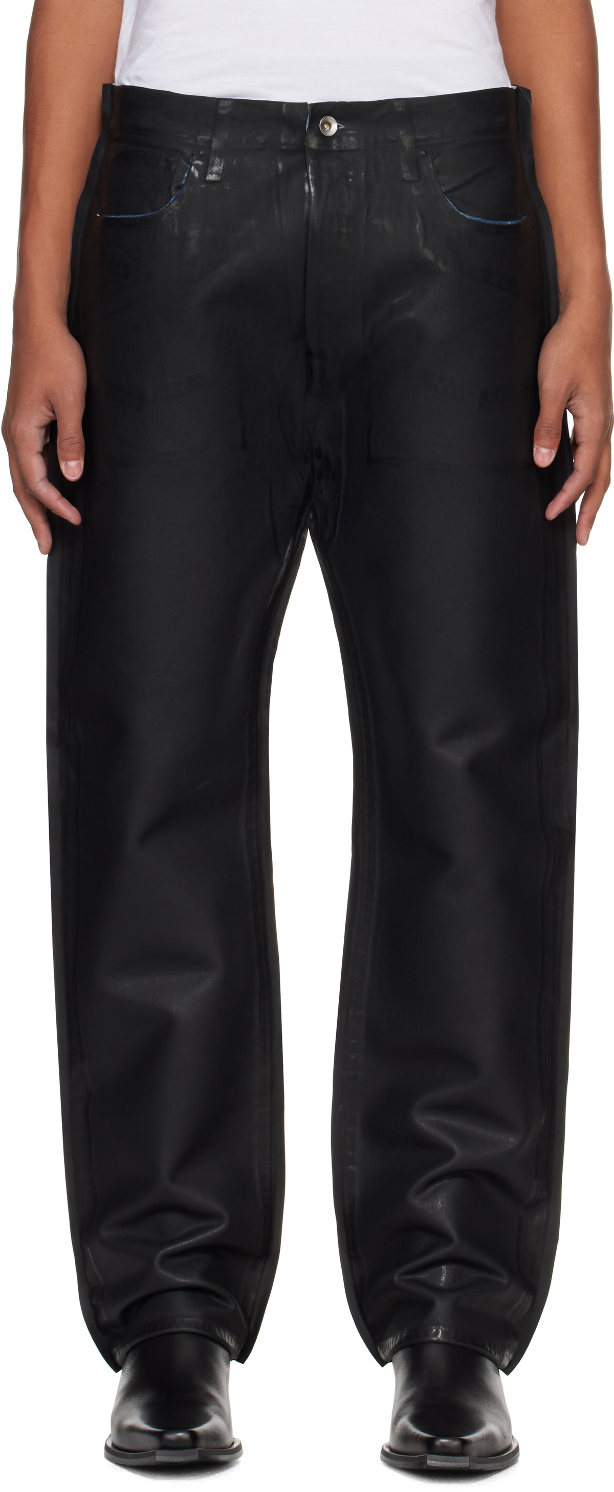 Karmuel Young Black Re-Edited Overprinted PU Leather Jeans