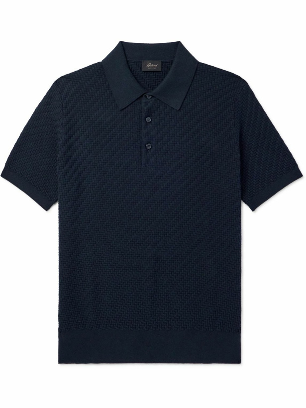 Photo: Brioni - Slim-Fit Basketweave Cotton, Silk and Cashmere-Blend Polo Shirt - Blue