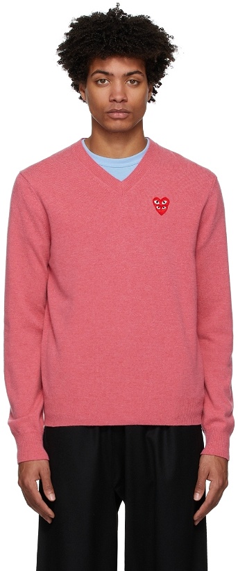 Photo: COMME des GARÇONS PLAY Pink Layered Double Heart V-Neck Sweater