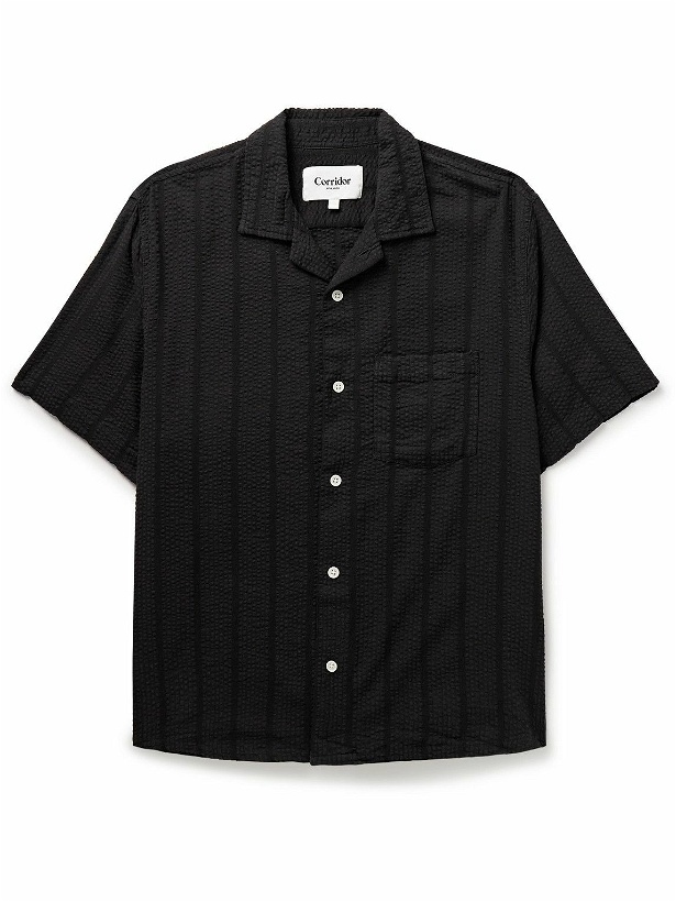 Photo: Corridor - Camp-Collar Striped Cotton-Seersucker Shirt - Black