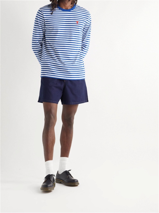 Photo: AMI PARIS - Logo-Embroidered Striped Organic Cotton-Jersey T-Shirt - Blue