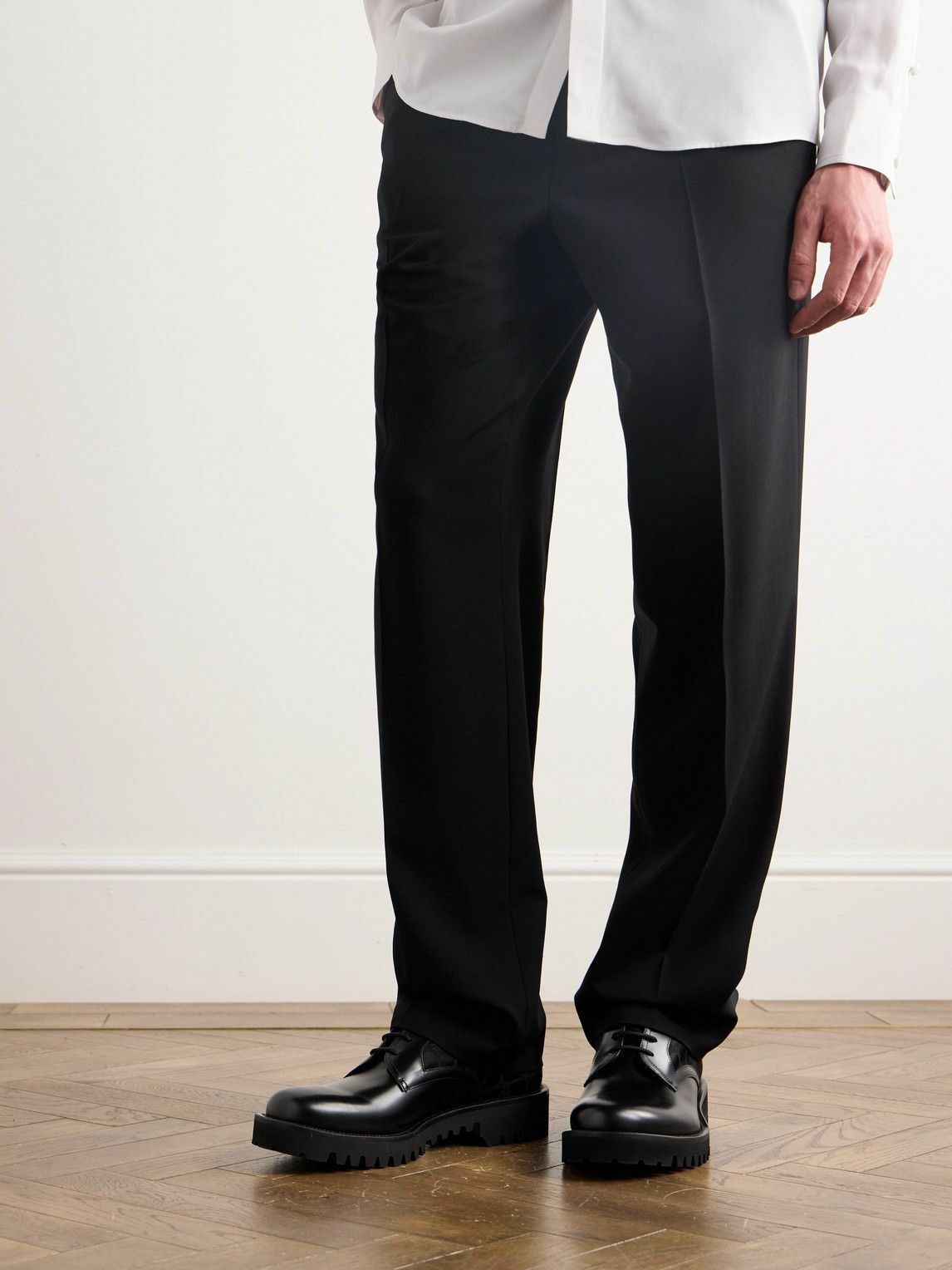 Valentino Garavani - Glossed-Leather and Logo-Jacquard Satin Derby Shoes - Black