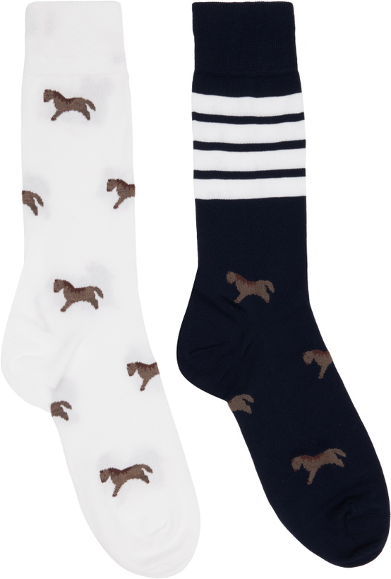 Photo: Thom Browne White & Navy Funmix Geese Jacuquard Mid Calf Socks