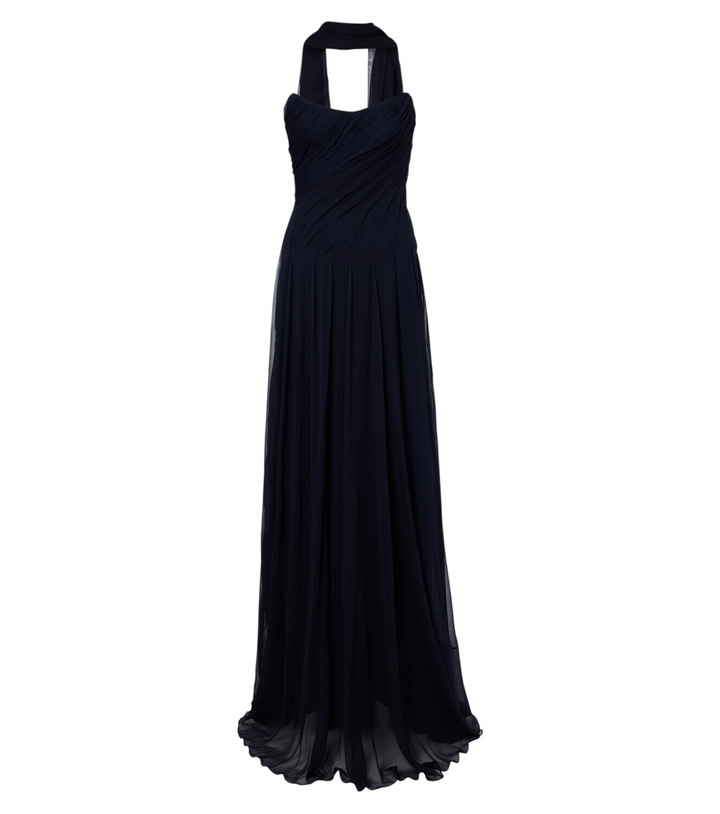 Photo: Monique Lhuillier Scarf-detail draped silk bustier gown