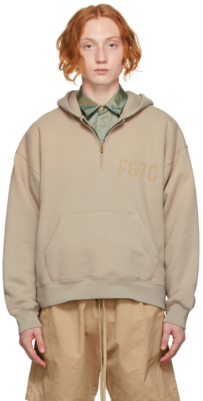 Photo: Fear of God Beige Logo Half-Zip Hoodie