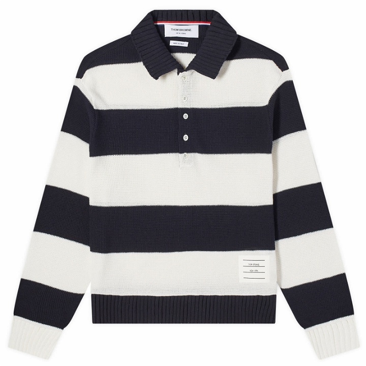 Photo: Thom Browne Men's Rugby Stripe Knitted Polo Shirt in Navy