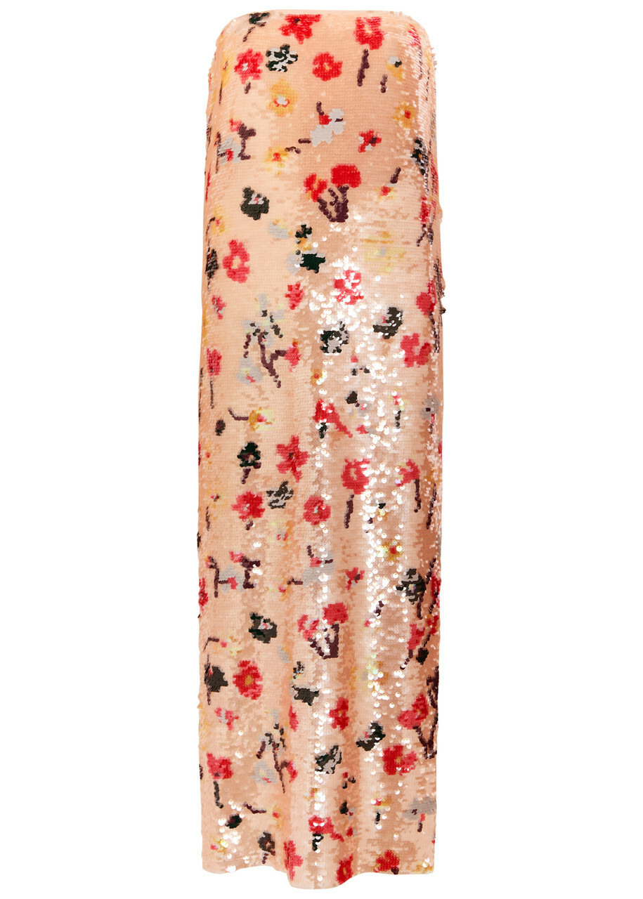 Tory Burch Floral Strapless Sequin Midi Dress Pink