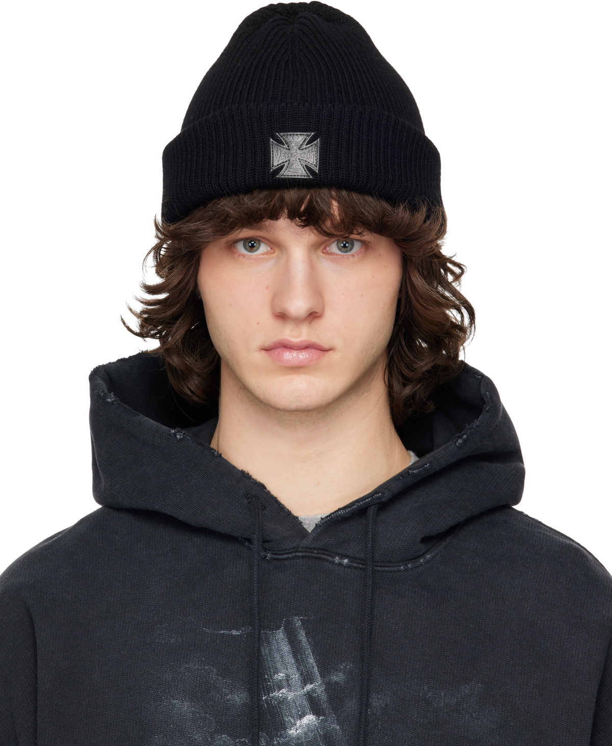 VETEMENTS Black Leather Biker Cross Logo Beanie Vetements