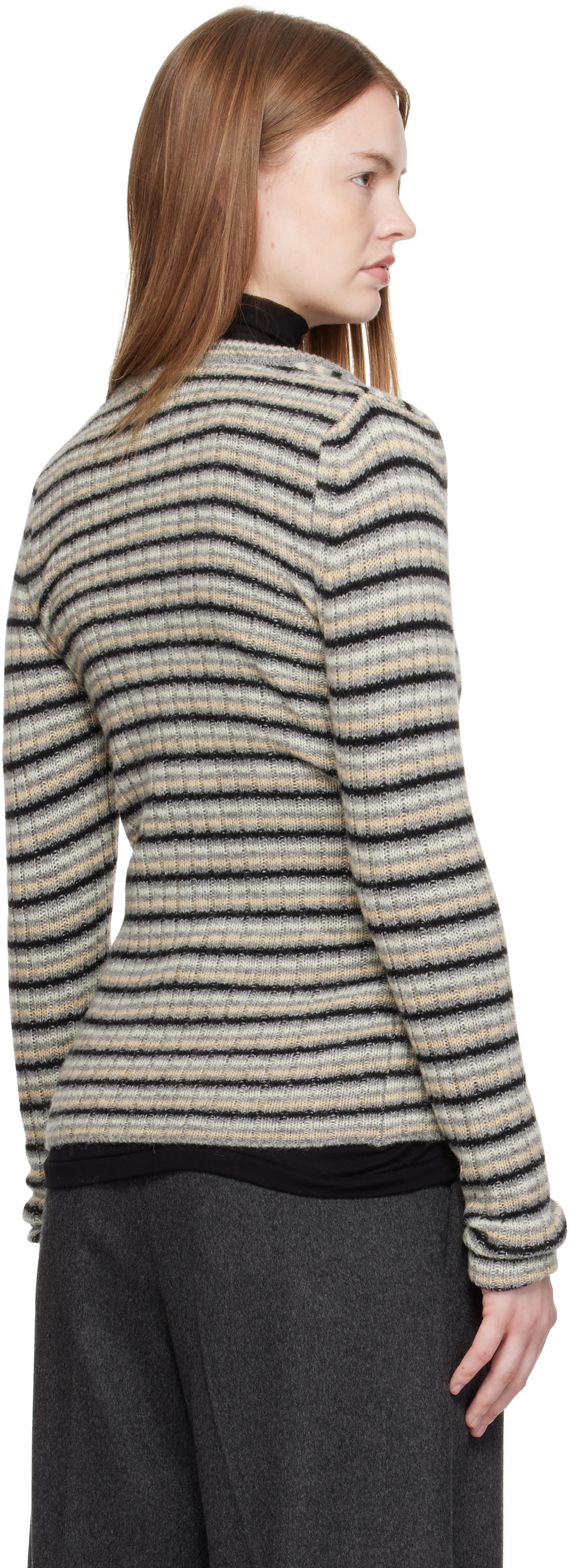 AURALEE Gray Shetland Wool Cashmere Rib Knit Crew-Neck Cardigan