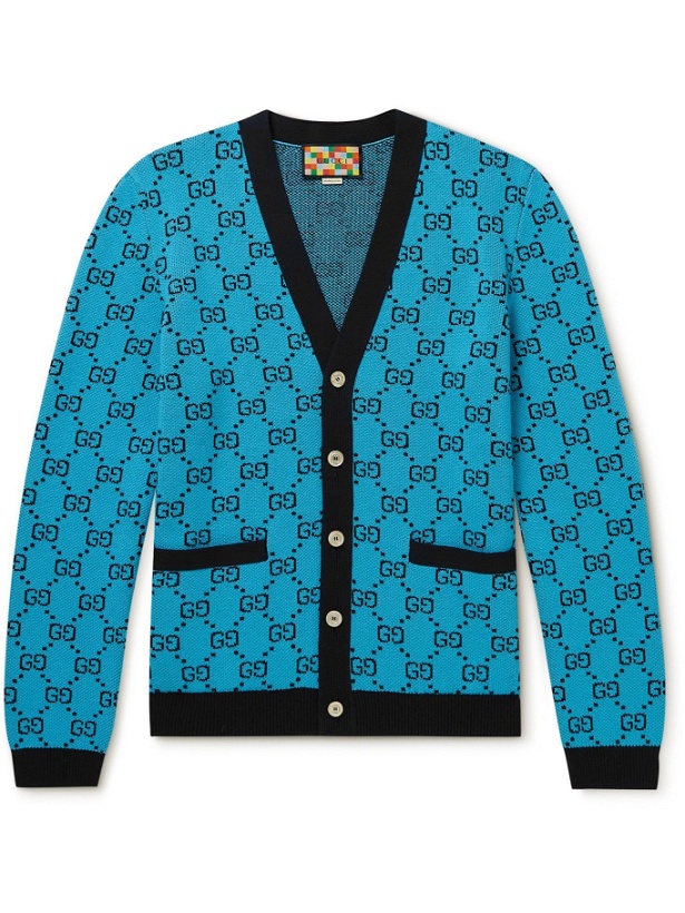 Photo: GUCCI - Logo-Jacquard Wool and Cotton-Blend Cardigan - Blue