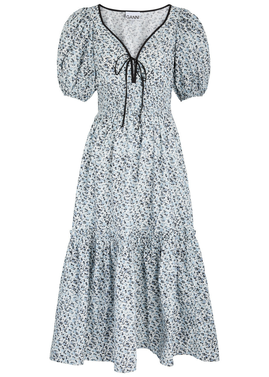 Ganni Floral-print Cotton Midi Dress Blue GANNI Ganni Floral-print Cotton Midi Dress Blue GANNI
