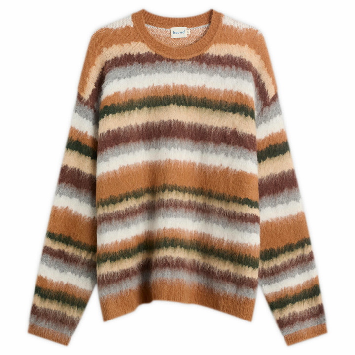 Photo: Bound Men's Alpaca Brushed Stripe Jumper in Tan Multi