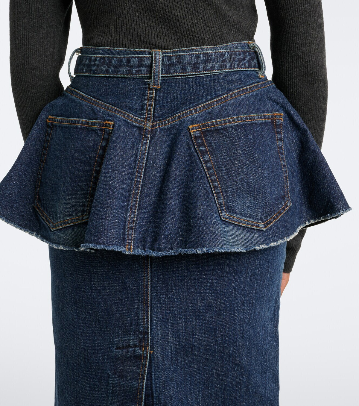 Sacai Belted peplum denim midi skirt