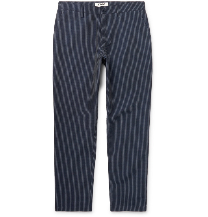 Photo: YMC - Hand Me Down Tapered Cropped Pinstriped Cotton and Linen-Blend Trousers - Blue