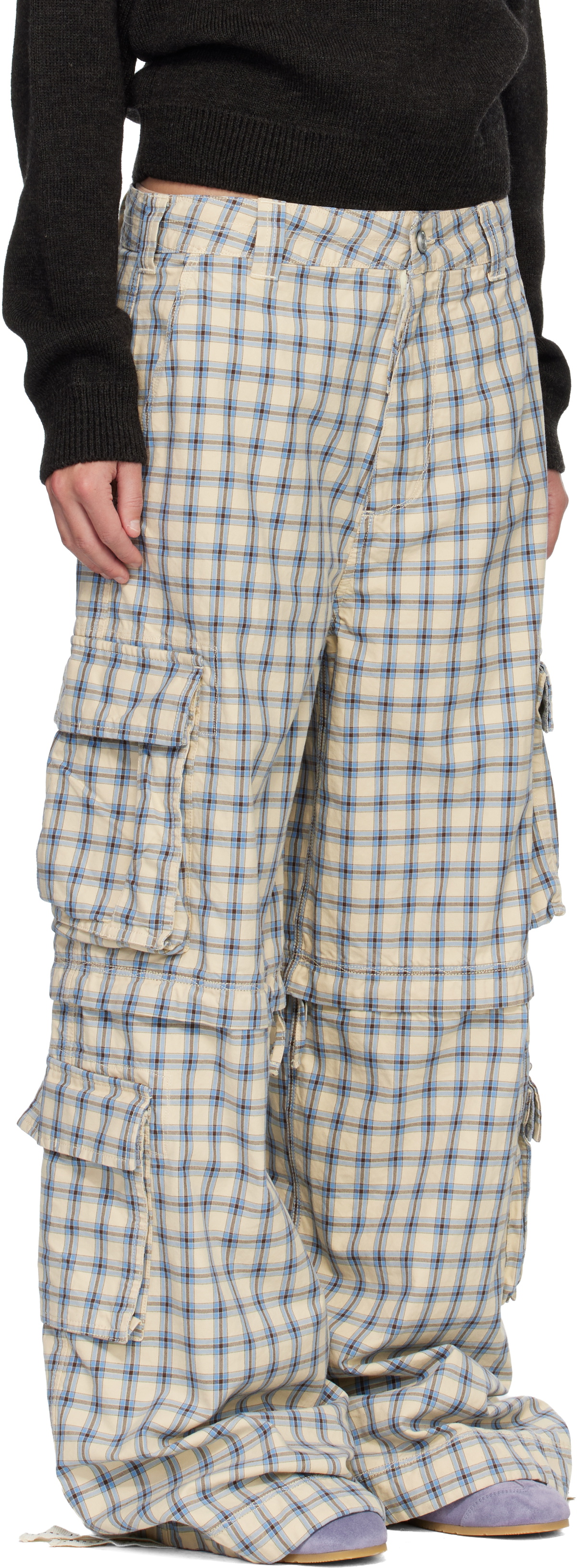 ERL Beige & Blue Zip-Off Plaid Cargo Pants