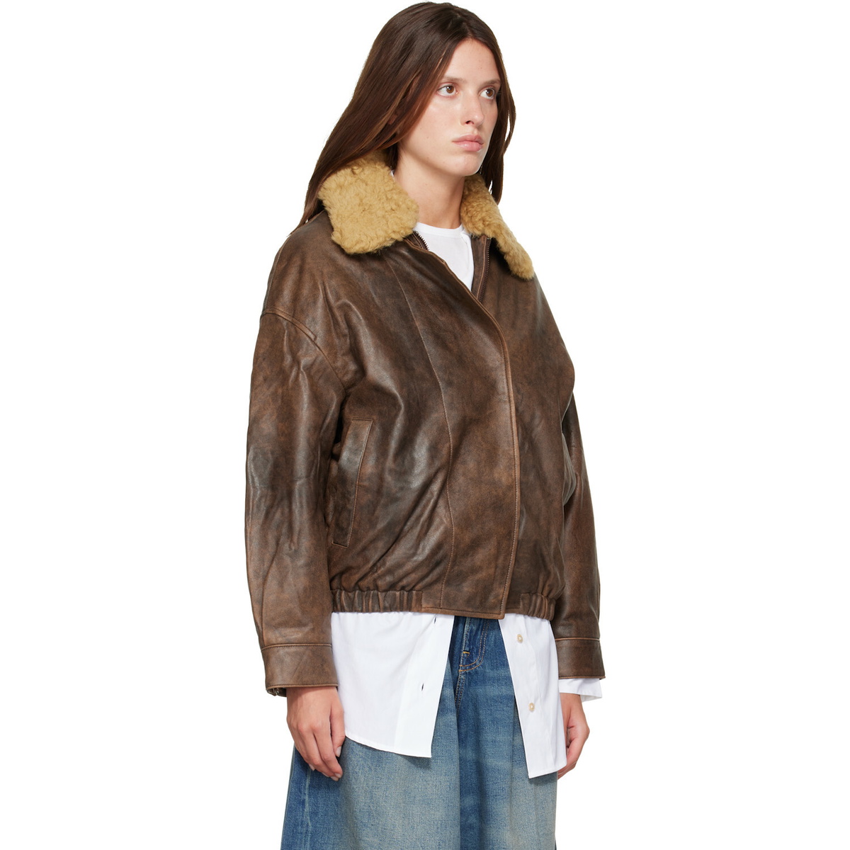 R13 Brown Removable Collar Leather Bomber Jacket