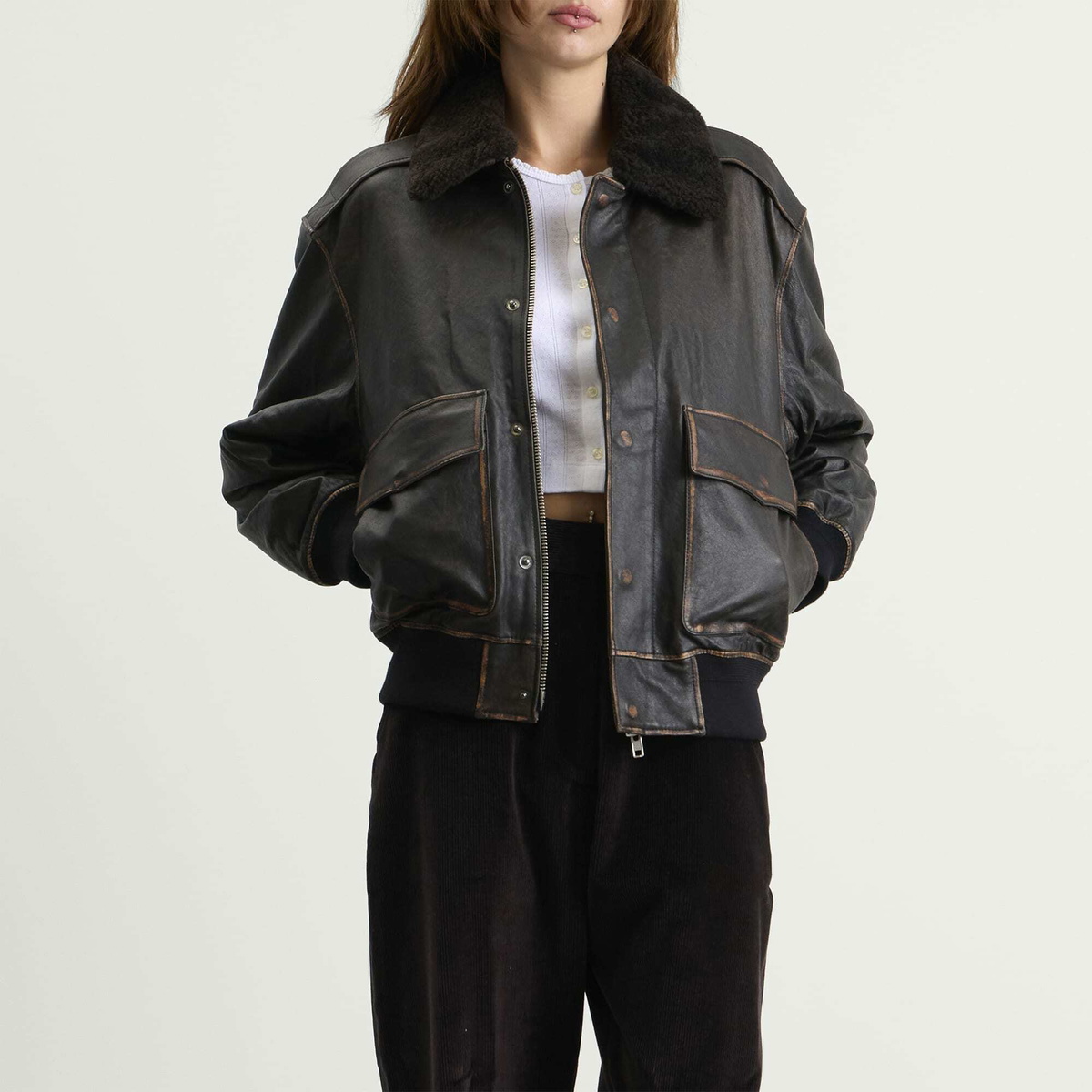 DUNST Women's Detachable A-2 Leather Blouson in Brushed Black
