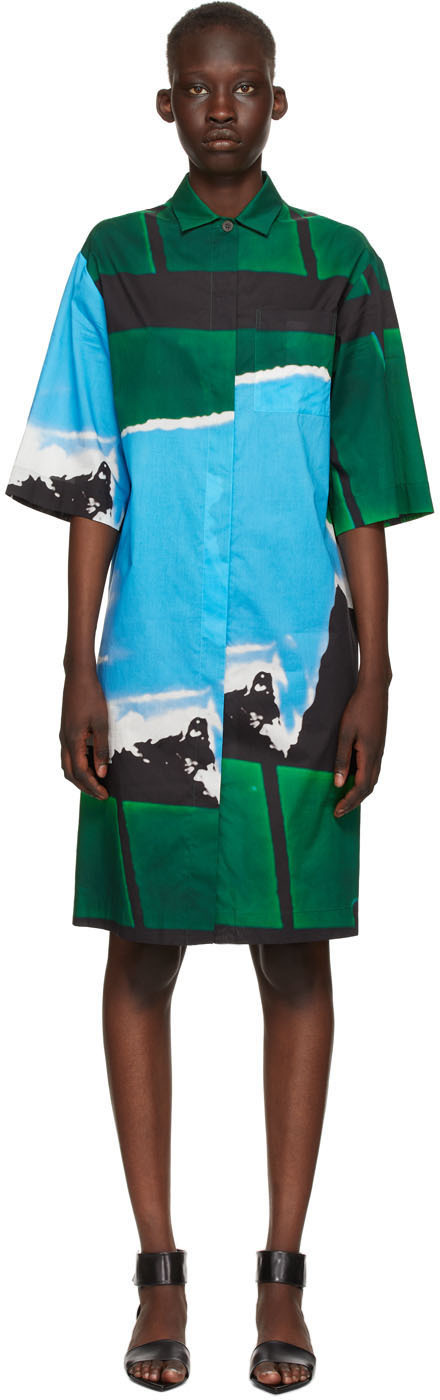 Dries Van Noten Blue & Green Len Lye Edition Poplin Graphic Dress