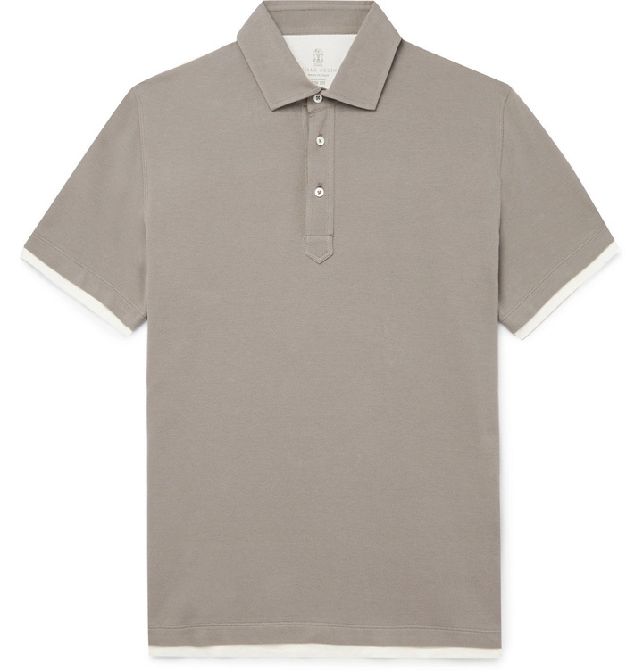 Photo: Brunello Cucinelli - Slim-Fit Jersey-Trimmed Cotton-Piqué Polo Shirt - Gray