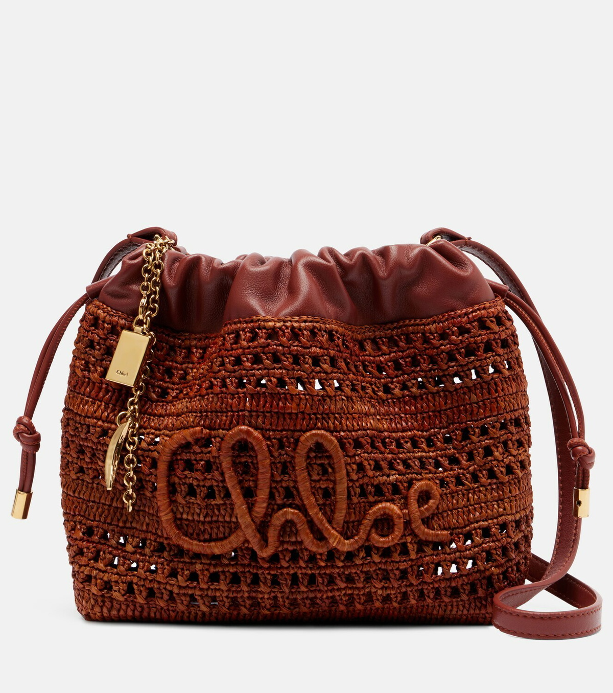 Chloé Mini leather-trimmed raffia bucket bag