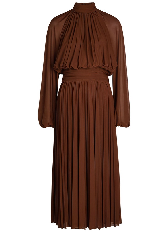 Photo: Ronny Kobo Blythe Gathered Stretch-mesh Midi Dress Brown