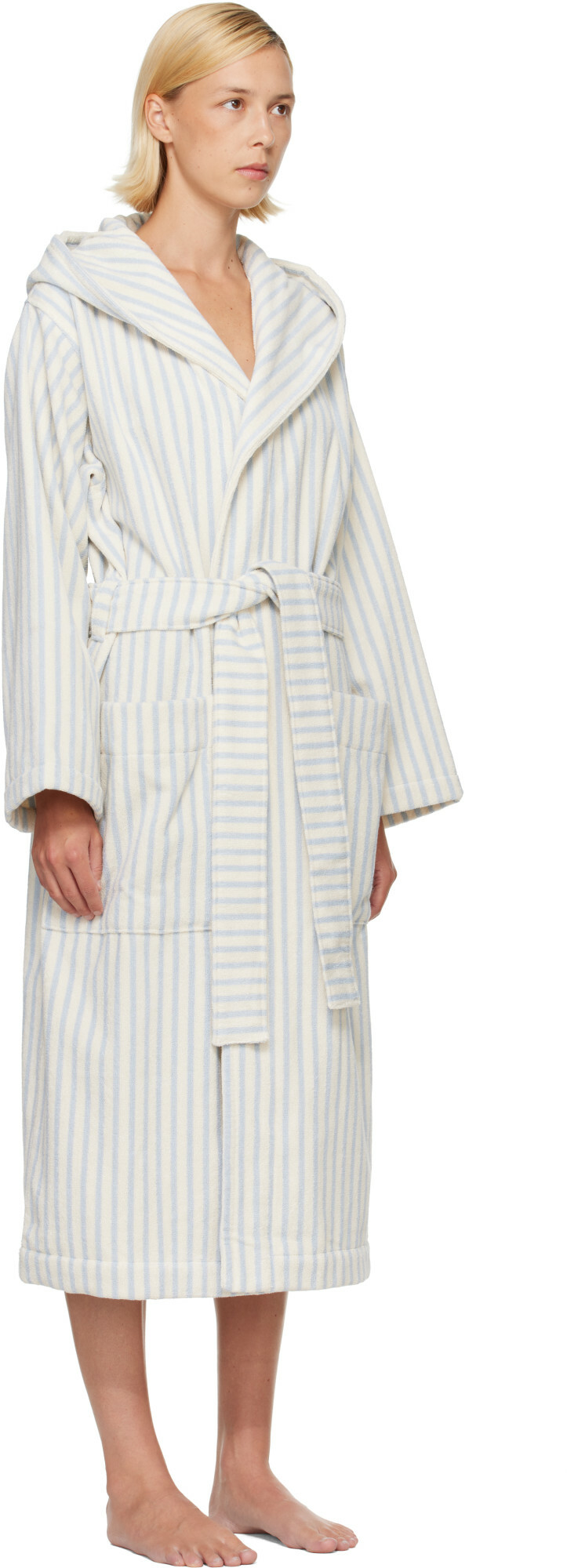 Tekla White & Blue Terry Hooded Bathrobe