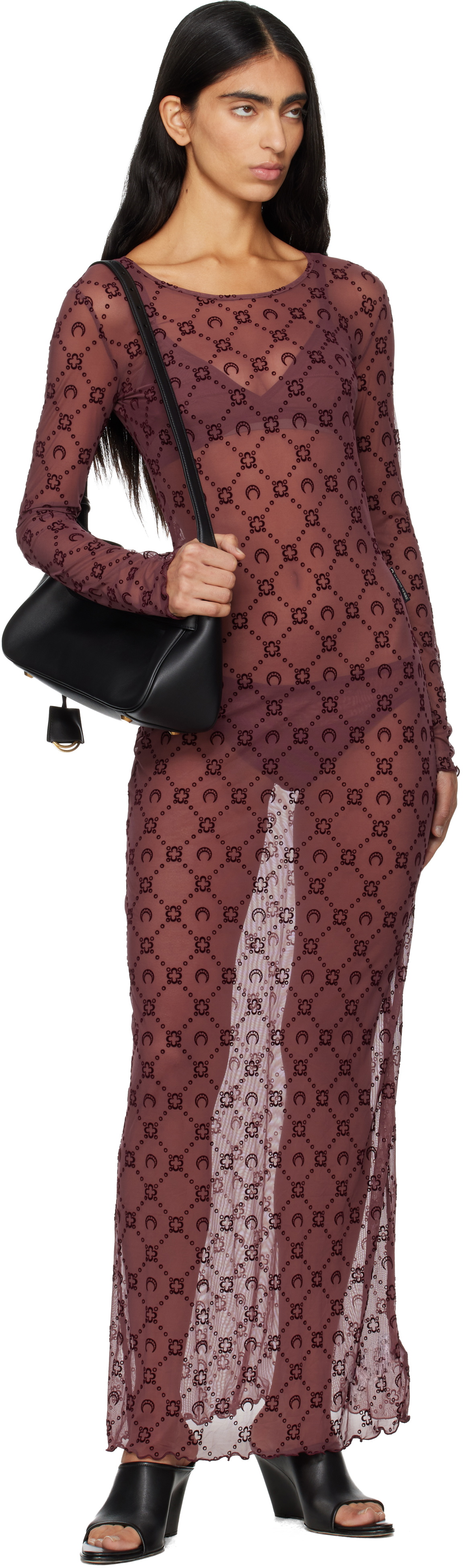 Marine Serre Burgundy Moonogram Mesh Flock Maxi Dress