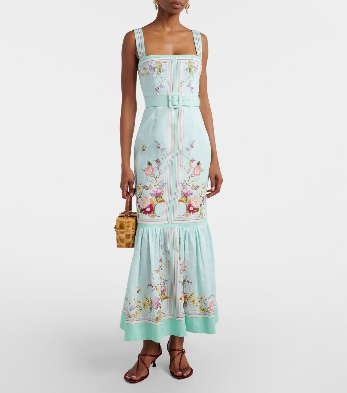 Self-Portrait Belted floral linen midi dress