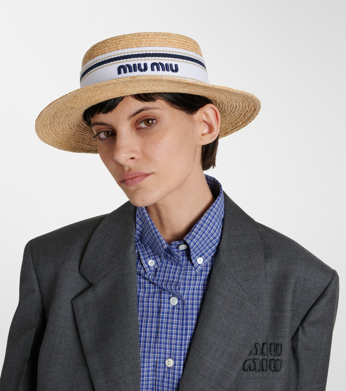 Miu Miu Logo raffia boater hat
