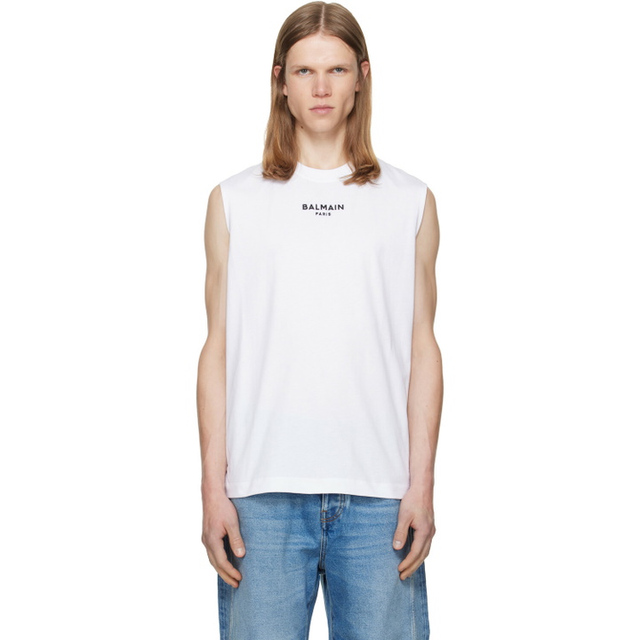 Photo: BALMAIN White 'Balmain Paris' Embroidered Tank Top