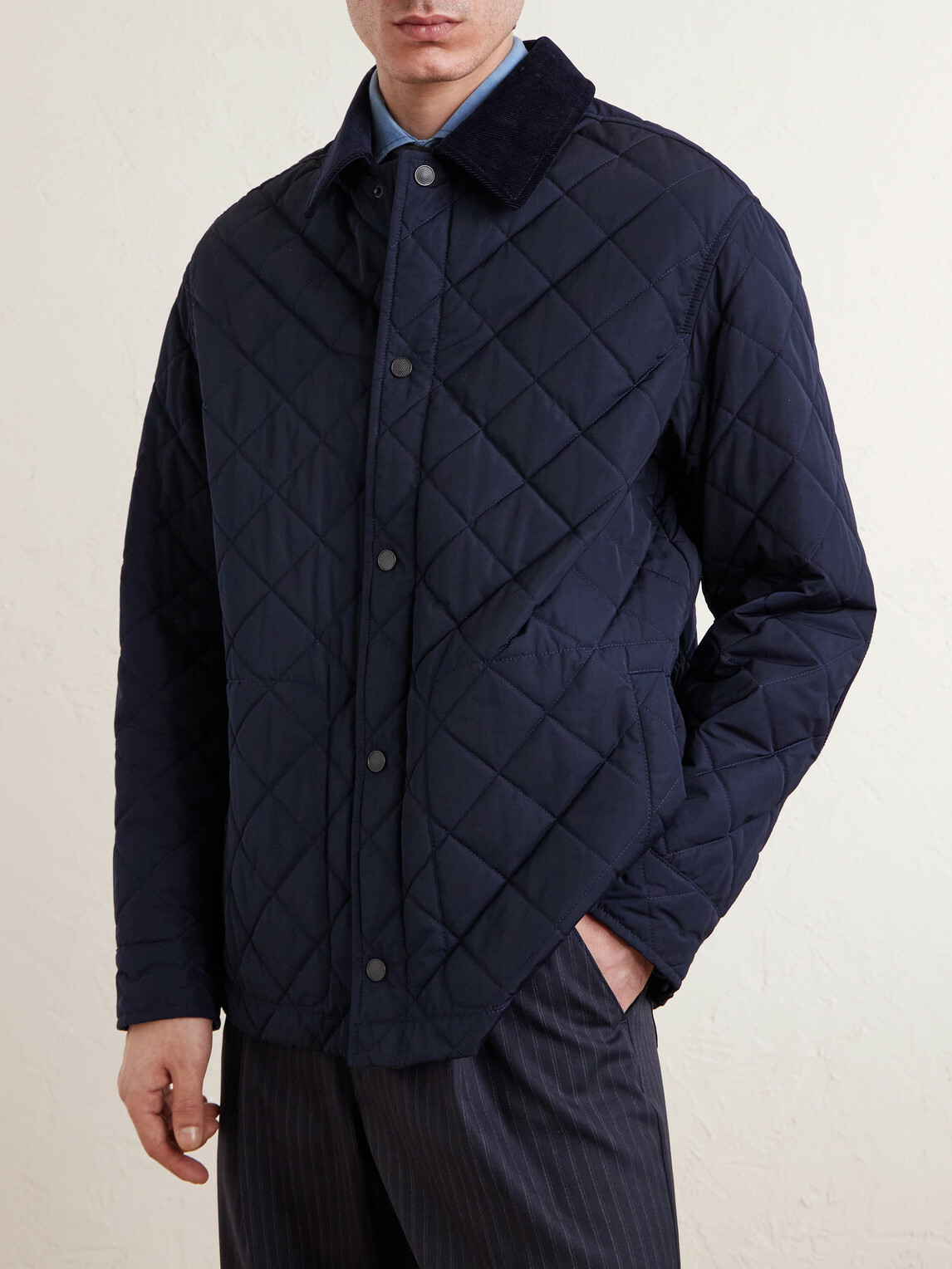 Purdey - Cotton Corduroy-Trimmed Padded Quilted Shell Jacket - Blue