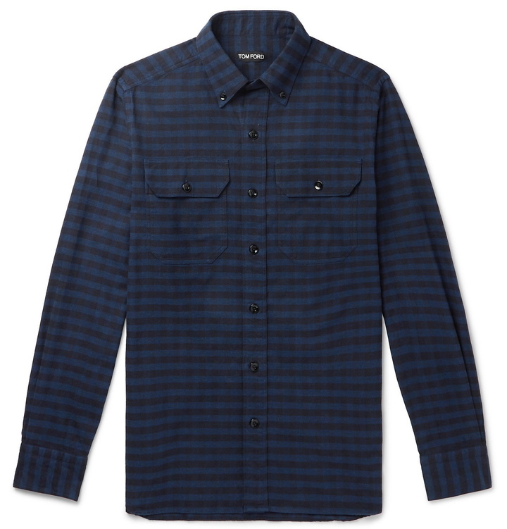 Photo: TOM FORD - Slim-Fit Button-Down Collar Checked Cotton Shirt - Blue