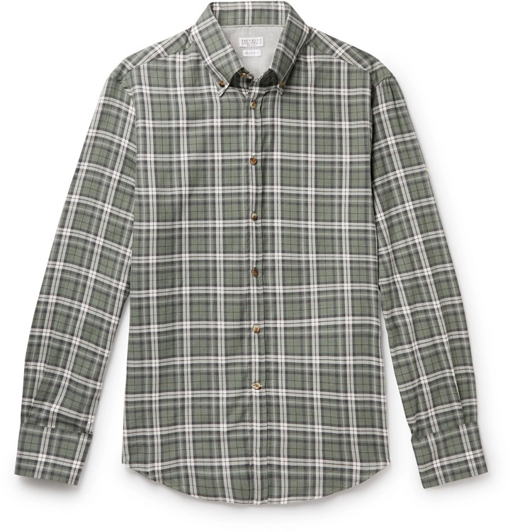 Photo: Brunello Cucinelli - Button-Down Collar Checked Cotton-Twill Shirt - Gray