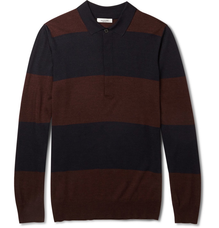Photo: VALENTINO - Striped Wool, Silk and Cashmere-Blend Polo Shirt - Blue