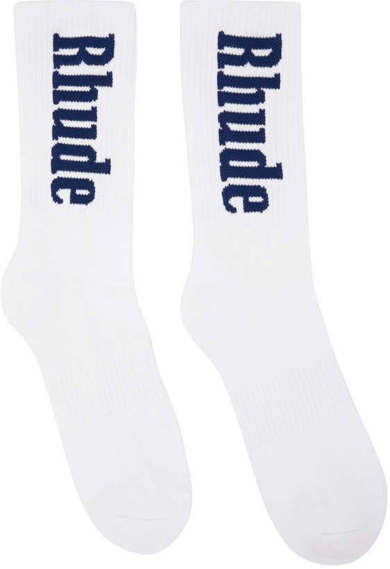 Photo: Rhude White & Navy Vertical Logo Socks
