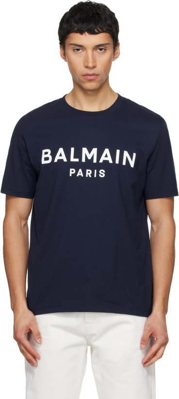 Photo: Balmain Navy 'Balmain Paris' Print T-shirt
